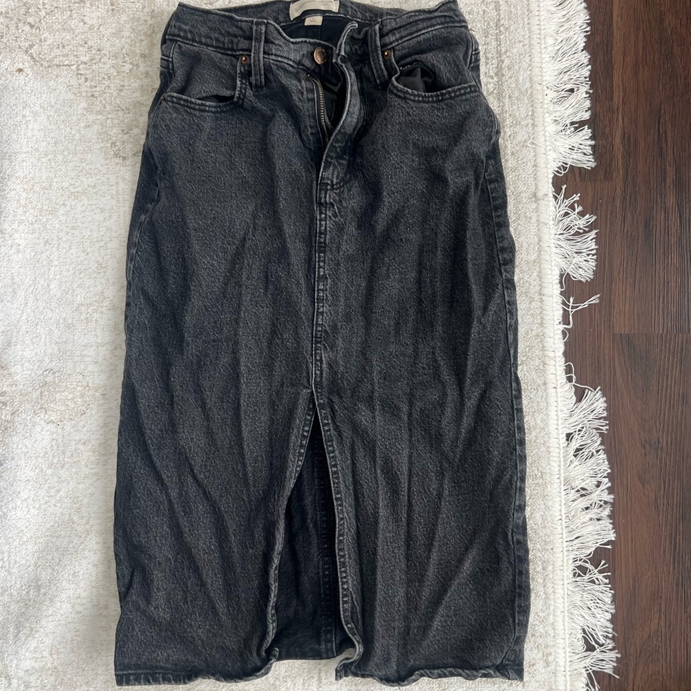 Black Denim Midi Skirt with Front Slit